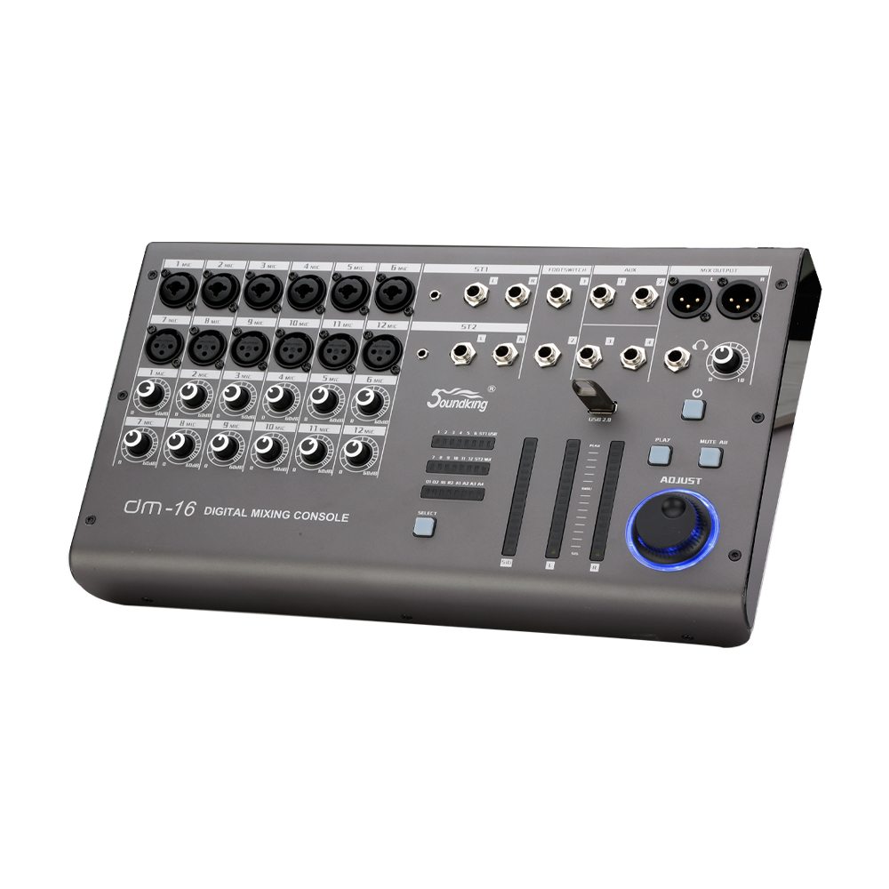 MEZCLADORA DIGITAL SOUNDKING, (CONSOLA) 16 ENTRADAS (12 XLR/LINE) (4 PLUG MON), 6 SALIDAS (2 XLR MAIN) (4 AUX), USB REC/PLAY, EQ, COMP, EFX, INTERFACE, APP CONTROL
