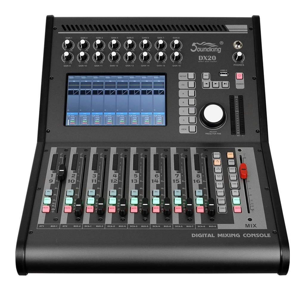 MEZCLADORA DIGITAL SOUNDKING, (CONSOLA) 16 ENTRADAS (12 XLR/LINE) (4 PLUG MON), 6 SALIDAS (2 XLR MAIN) (4 AUX), USB REC/PLAY, EQ, COMP, EFX, INTERFACE, APP CONTROL (copia)