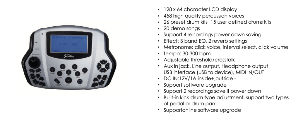 BATERIA ELECTRICA SOUNDKING, MULTIFUNCIONAL, 11 PIEZAS, PANTALLA LCD, EXTESION DE PADS, DOBLE ZONA DE GOLPE