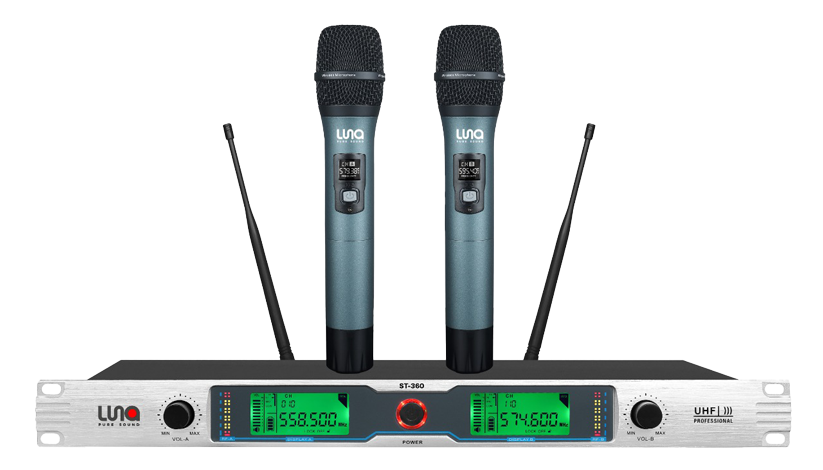 SISTEMA MICROFONO DOBLE INALAMBRICO LUNA, DINAMICO, DIGITAL, DE MANO, CON RECEPTOR, 60 METROS DE ALCANCE MAXIMO