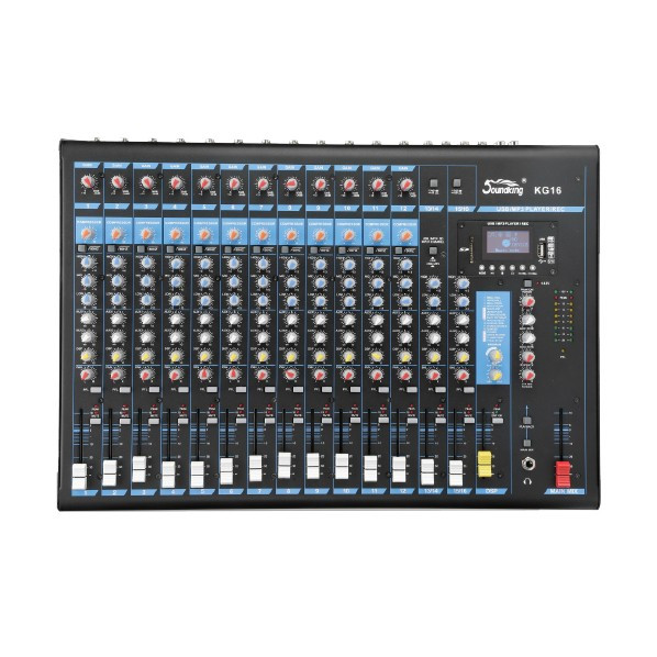 MEZCLADORA PASIVA SOUNDKING, (CONSOLA ANALOGA) 16 ENTRADAS (12 XLR/LINE) (4 PLUG MONO), 48V+, 8 SALIDAS (6 PLUG MONO) (2 XLR MAIN LR), RCA IN/OUT, USB REC/PLAY, BT, EFX, COMP.