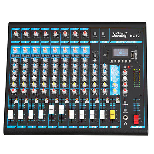 MEZCLADORA PASIVA SOUNDKING, (CONSOLA ANALOGA) 12 ENTRADAS (8 XLR/LINE) (4 PLUG MONO), 48V+, 6 SALIDAS (4 PLUG MONO) (2 XLR MAIN LR), RCA IN/OUT, USB REC/PLAY, BT, EFX, COMP.