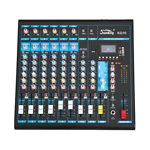 MEZCLADORA PASIVA SOUNDKING, (CONSOLA ANALOGA) 10 ENTRADAS (6 XLR/LINE) (4 PLUG MONO), 48V+, 6 SALIDAS (4 PLUG MONO) (2 XLR MAIN LR), RCA IN/OUT, USB REC/PLAY, BT, EFX, COMP.