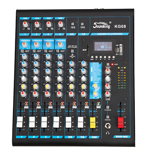 MEZCLADORA PASIVA SOUNDKING, (CONSOLA ANALOGA) 8 ENTRADAS (4 XLR/LINE) (4 PLUG MONO), 48V+, 6 SALIDAS (4 PLUG MONO) (2 XLR MAIN LR), RCA IN/OUT, USB REC/PLAY, BT, EFX, COMP.