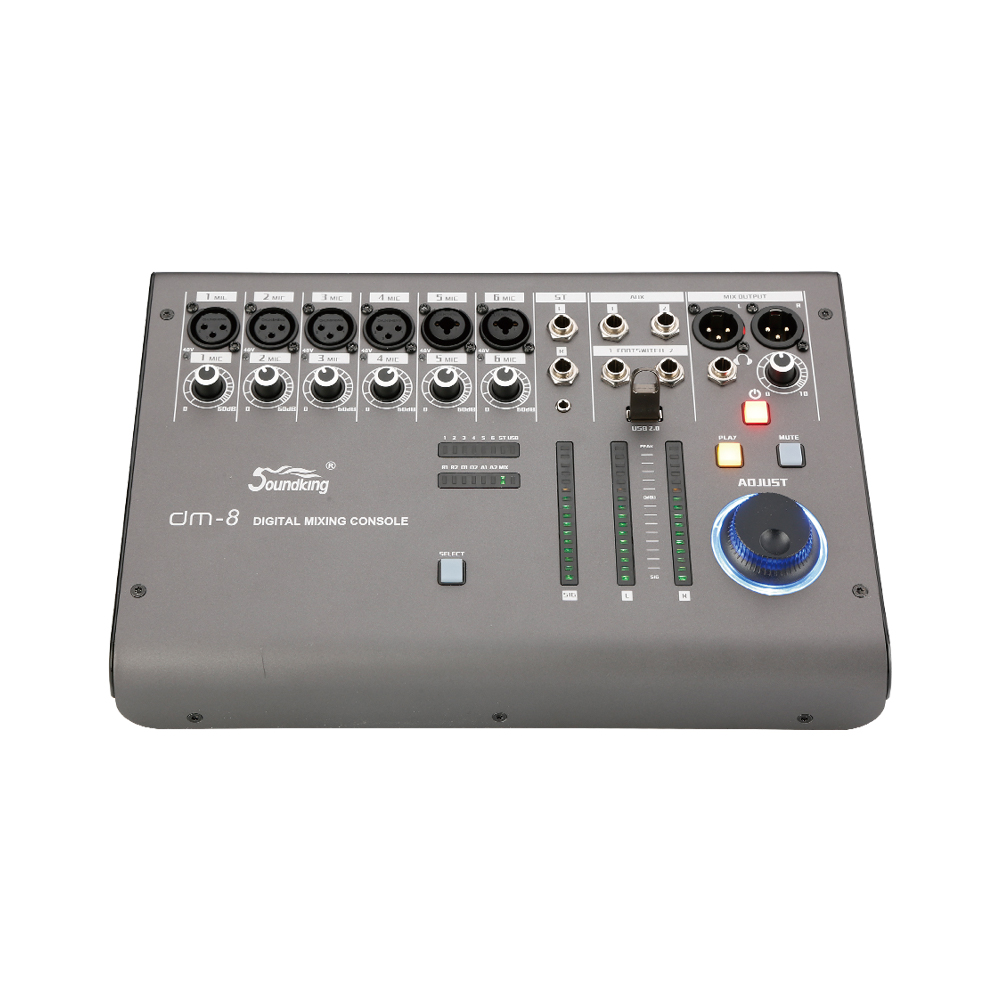 MEZCLADORA DIGITAL SOUNDKING, (CONSOLA) 8 ENTRADAS (6 XLR/LINE) (2 PLUG MON), 4 SALIDAS (2 XLR MAIN) (2 AUX), USB REC/PLAY, EQ, COMP, EFX, INTERFACE, APP CONTROL