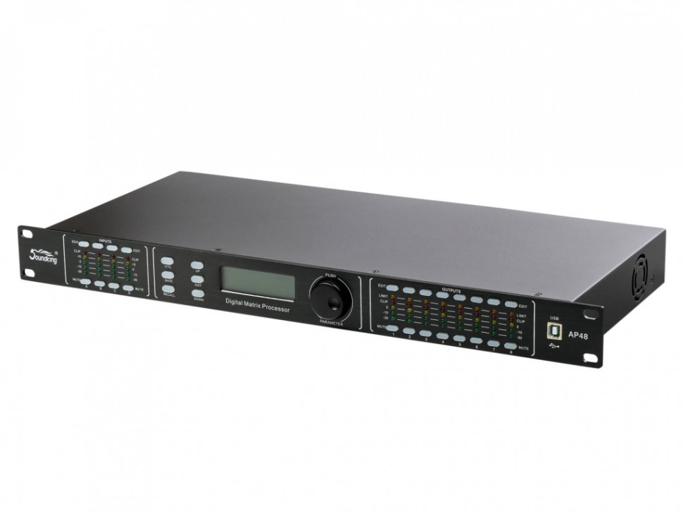 SISTEMA DE PROCESAMIENTO DIGITAL DE AUDIO SOUNDKING, PROFESIONAL, PARA ALTAVOCES, 12 CANALES (4 IN XLR, 8 OUT XLR), DSP VERSATIL E INTUITIVO, COMPRESOR, LIMITADOR, DELAY