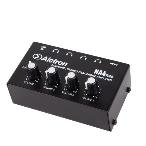[HA4plus] AMPLIFICADOR DE AUDIFONOS ALCTRON, 4 SALIDAS, ACERO NEGRO, CONECTOR USB