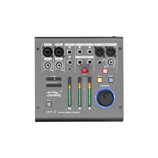[DM4] MEZCLADORA DIGITAL SOUNDKING, (CONSOLA) 4 ENTRADAS (2 XLR/LINE) (2 PLUG MON), 4 SALIDAS (2 XLR MAIN) (2 AUX), USB REC/PLAY, EQ, COMP, EFX, INTERFACE, APP CONTROL
